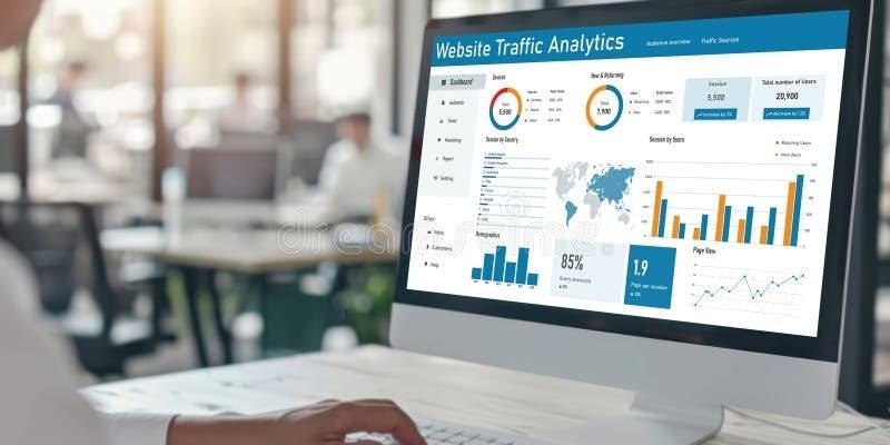 Datorskärm med webbtrafik och sökdata i diagram
